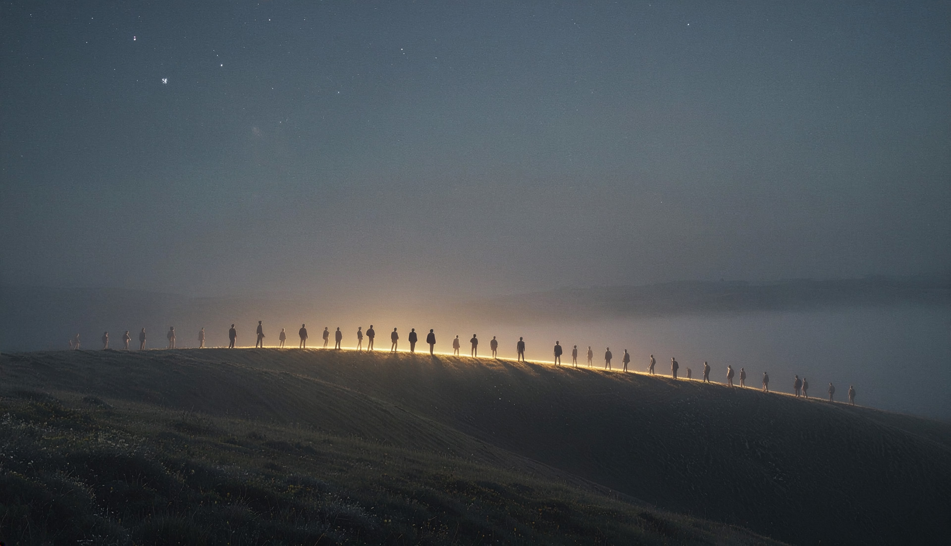 Viele menschliche Silhouetten auf einem Hügelkamm, warmes goldenes Licht am Horizont, Sternenhimmel darüber