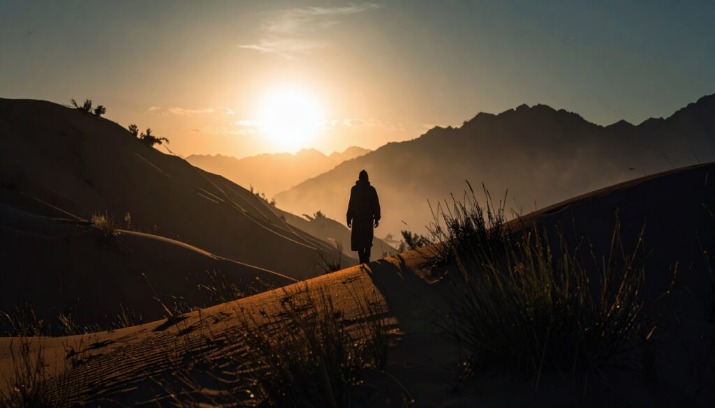 Silhouette einer Person in einer Wüste bei Sonnenaufgang – Symbol für Starseed Ursprung und Erinnerung