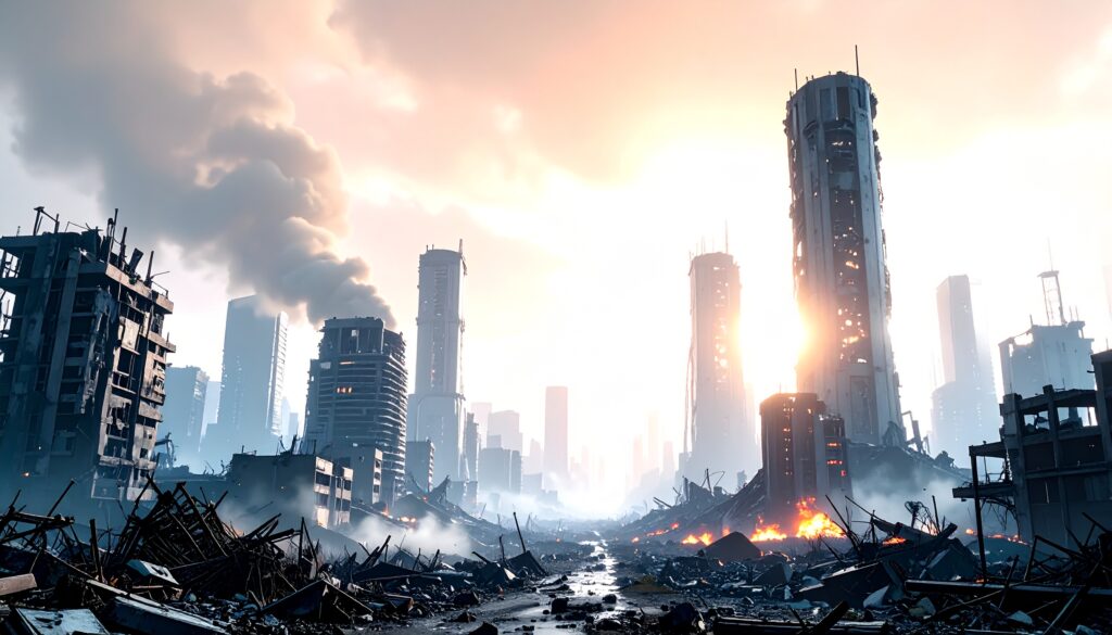 Dystopie Wenn wir wegsehen – eine mögliche Zukunft Verfallene Megastadt unter rostfarbenem Himmel – dystopisches Zukunftsszenario der Menschheit