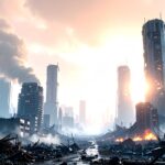 Verfallene Megastadt unter rostfarbenem Himmel – dystopisches Zukunftsszenario der Menschheit