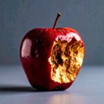 Ein aufgeschnittener Apfel: außen glänzend und rot, innen braun und verfault – Symbol für Oberflächlichkeit und verborgenen Verfall.