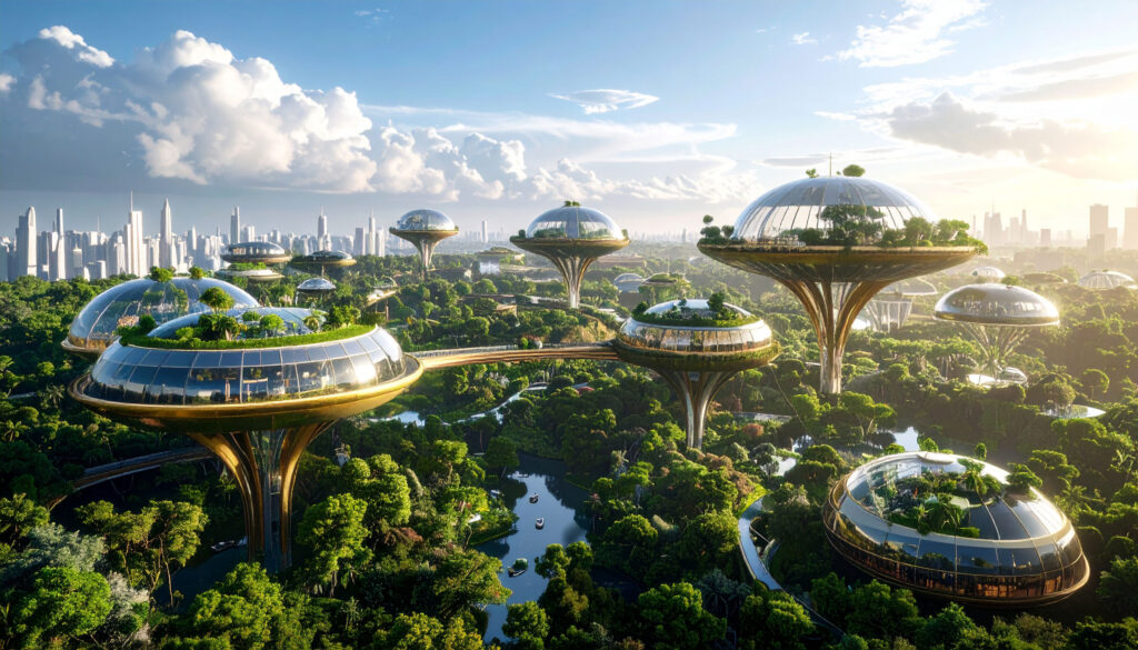 Zukunft II – Die Möglichkeit: Lichtstadt einer anderen Zukunft Utopische Stadt der Zukunft mit schwebenden Glas- und Kristallstrukturen, lichtdurchflutet und harmonisch in die Natur eingebettet