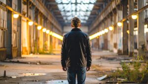 Mann von hinten in verlassener Industriehalle mit warmem Licht – Metapher für innere Beobachtung und Rückzug