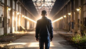 Person geht aufrecht auf Licht zu – Symbolbild für Heilung und innere Stärke nach narzisstischem Missbrauch