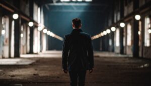 Mann von hinten in dunkler Halle – Metapher für Manipulation und die dunkle Seite einer Erzählung