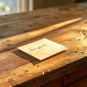 Ein handgeschriebener Zettel auf einem Holzschreibtisch im warmen Nachmittagslicht — Symbol für Entdeckung und geteilte Freude.