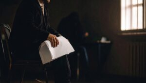 Unscharfe Person links im Büro, gefaltetes Papier, verblassende Silhouette, warmes Seitenlicht.